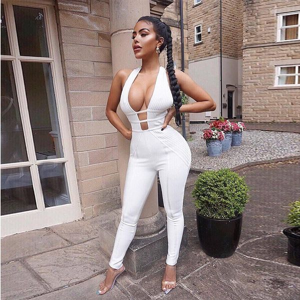 

new celebrity white deep v-neck back invisible zipper rayon bandage jumpsuit full length evening party jumpsuit, Black;white