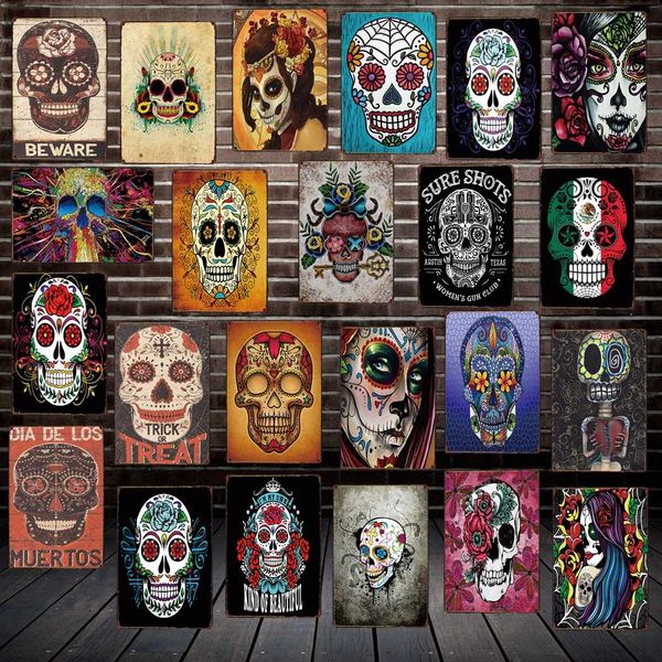 

mike86 ] sugar skull mexican style metal tin sign tattoo parlors shop decor party vintage poster antique iron painting fg-207