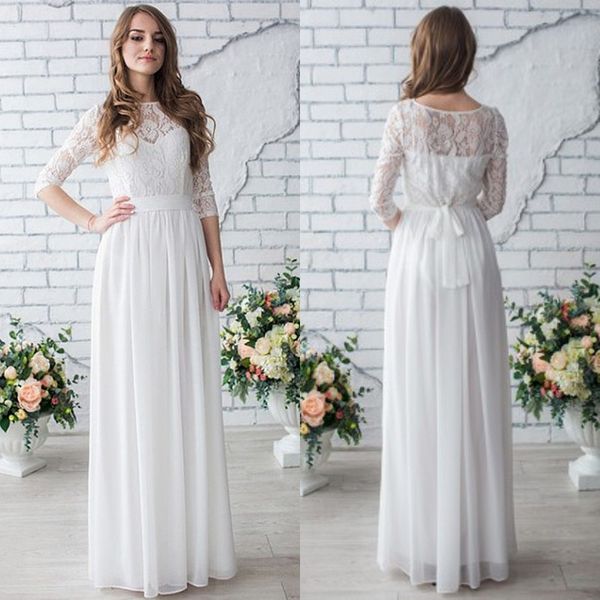 

дешевые 2019 пляж свадебные платья sheer bateau шеи иллюзия рукава кружева шифон страна boho чешский свадебные платья с поясом, White