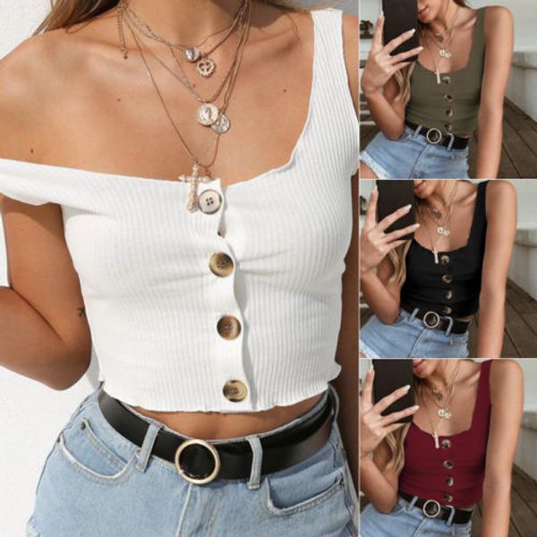 

summer women party tank vest sleeveless buttonfly solid crop shirt, White