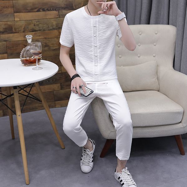 

men's pajamas summer short sleeve cotton linen sleepwear thin men's sleep lounge pajama set pyjamas trousers, Black;brown