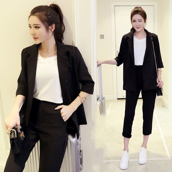 

set female 2018 spring and summer new style temperament fashion black small suit + nine trousers elegant leisure two-piece, White;black