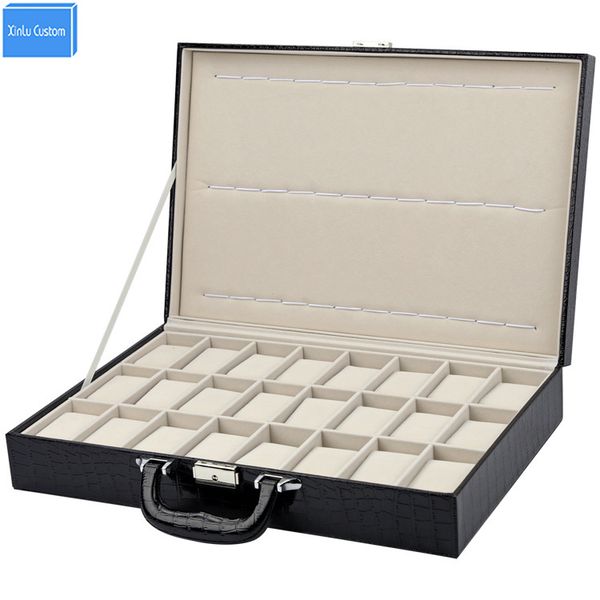 

special for watch shop/retail case jewelry watch storage travel 24 slots display box alligator pattern leather box watches caixa, Black;blue