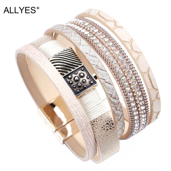 

allyes multilayer leather bracelets for women jewelry trendy alloy charm crystal bohemian khaki color wide wrap bracelet femme, Golden;silver