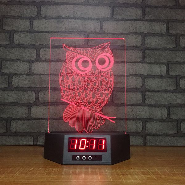 Eule 3D Illusion Nachtlichter LED 7 Farbwechsel Schreibtischlampe Uhren Geschenke #R42