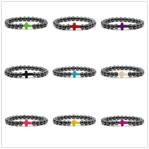 

9colors 8mm black hematite non-magnetic stone beads bracelet natural cross stone charms elastic bracelet men stretch jewelry