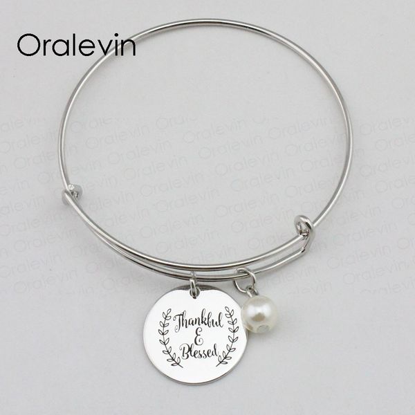 

thankful blessed inspirational hand stamped engraved pendant expandable wire bracelet metal stamped jewelry,10pcs/lot, #ln2326b, Black