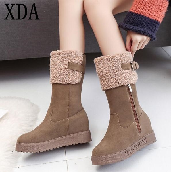 

xda 2018 fashion scrub plush snow boots women wedges slip-resistant boots female add cotton-padded shoes warm winter w956, Black