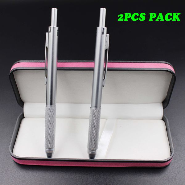 

2pcs pack 4 in 1 multi-function pen 4 colors pen with 0.5mm mechanical pencil and black/red/blue ballpoint in gift package, Blue;orange