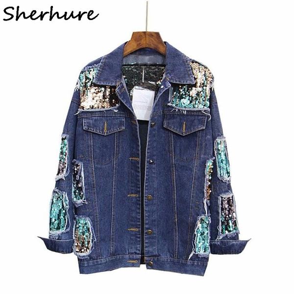 

2017 sequins beading turn down collar autumn women jacket coat long sleeve women denim coat casaco feminino autumn, Black;brown