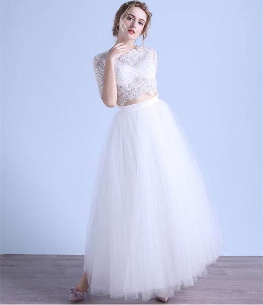 

2 pieces wedding gowns 2019 summer beach wedding dresses half sleeves lace tulle bridal gown button covered, White