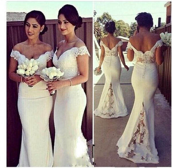 

Elegant Long Formal Dresses 2018 Lace Off Shoulder Sweep Train Mermaid Bridesmaid Dresses Covered Button Back Wedding Guest Dresses
