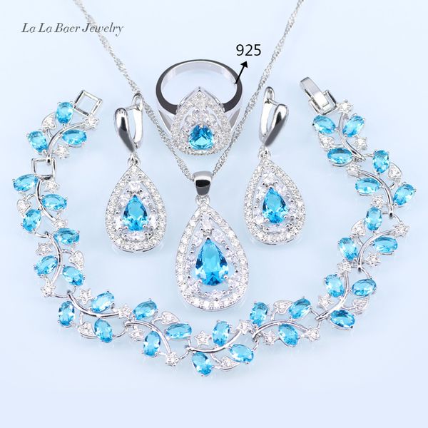 

l&b wedding bridal jewelry sets sky blue opal white zircon silver color leaf bracelets/pendant/necklace chain/earrings/rings, Slivery;golden