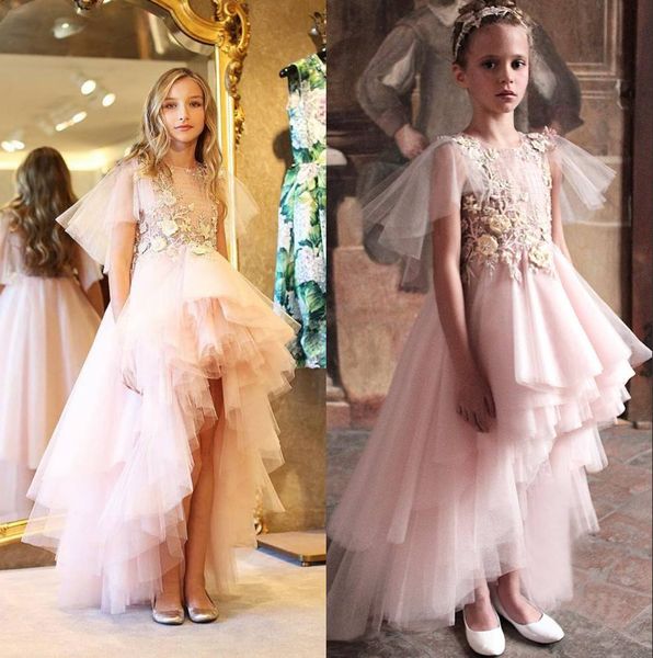

lovely pink high low tiered flower girl dresses for wedding sheer bateau neck toddler pageant gowns appliqued tulle a line kids prom dress, White;blue