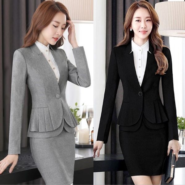 

office uniform designs women plus size work outfit 2 pieces set blazer and pants/skirts elewoman suit with skirt black gray, White;black