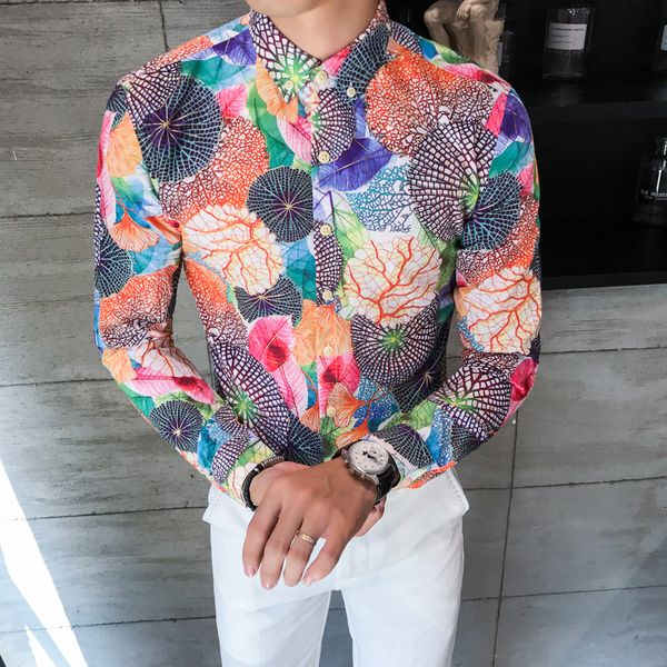 Camisas casuais masculinas de manga comprida impressão colorida Designs de ajuste slim