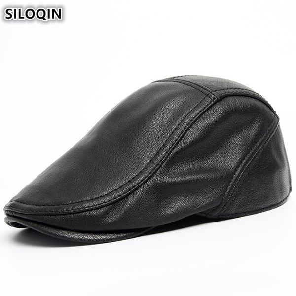 

siloqin adjustable head size men's genuine leather hats new natural sheepskin berets hat middle-aged dad's brand warm tongue cap, Blue;gray