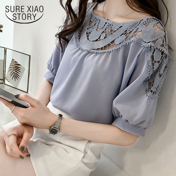 

new 2018 fashion short sleeve women blouse shirts chiffon summer hollow out women clothing plus size 0621 40, White