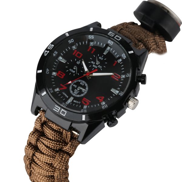 

multifunction field survival men's braided bracelets para cord outdoor watch with compass luxury boys fashion sport wristwatch, Slivery;brown