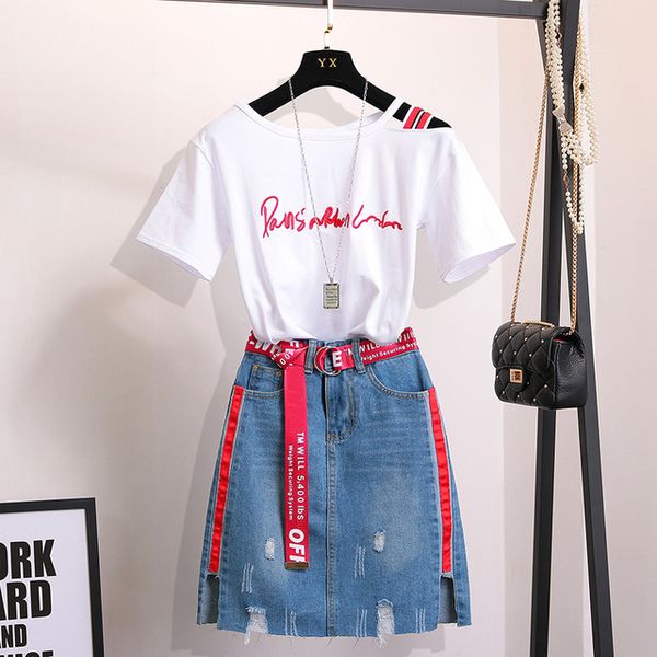 

2018 summer women shoulder letter t-shirt + denim skirt 2 pcs sets female fashion suits ab209, Gray