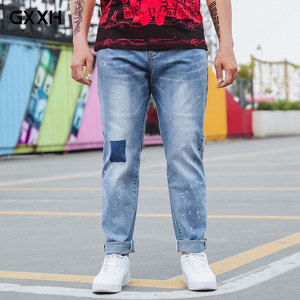 

gxxh new mosaic printing light blue jeans trousers 2018 spring and autumn stretch straight patch denim trousers size xl-5xl 6xl, Black