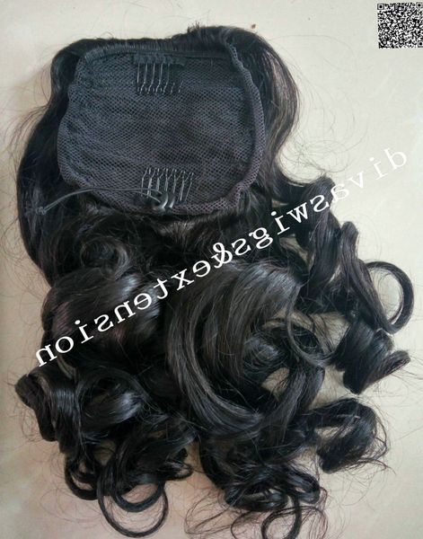 

long curly ponytail human hair women curly 1b clip drawstringremy pony tails hairpieces drawstringclip in human hair extension 140g, Black