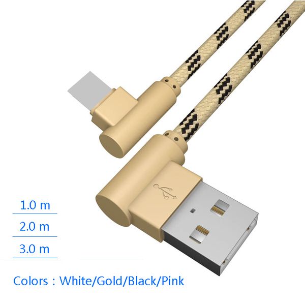 

90 Degree Double Elbow Charger Sync Data Cable Nylon Braided Android Micro USB Cable Type C USB C Charging Cables Opp Package