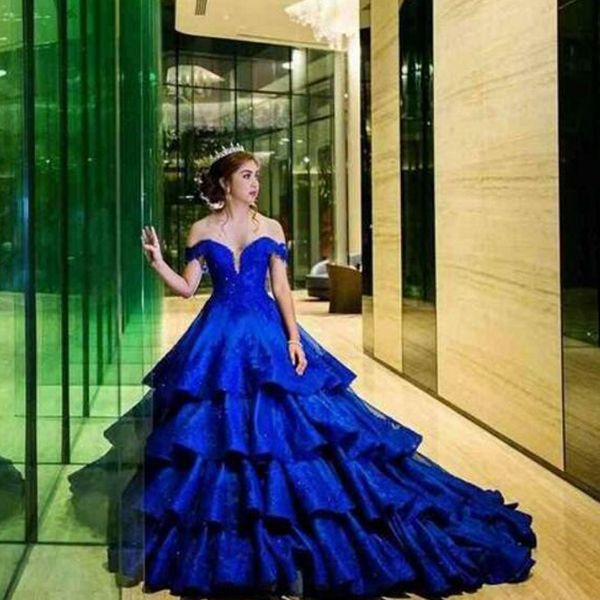 

2019 stunning royal blue wedding dresses off the shoulder low back lace appliques tiered luxury bridal gowns zipper up colorful gown, White