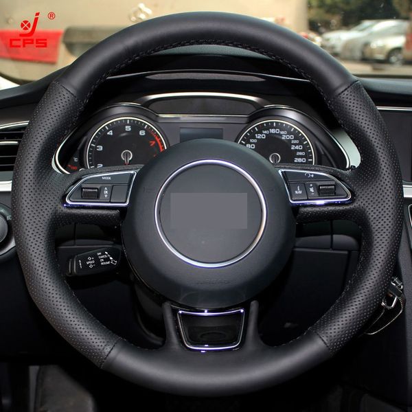 

black leather hand-stitched car steering wheel cover for audi a1 a3 a5 a7