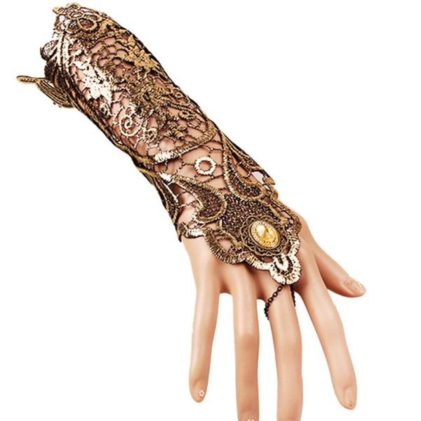 

1 pair women steampunk goth lace fingerless gloves lady hollow-out chain bracelet skid resistant long gloves party costumes, Blue;gray