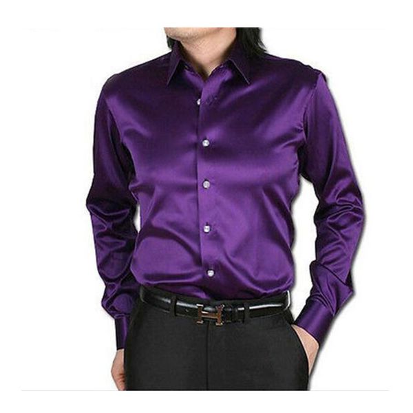 

purple leisure clothing wedding prom emulation silk long sleeve shirts men's casual shirt shiny satin formal party shirt, White;black