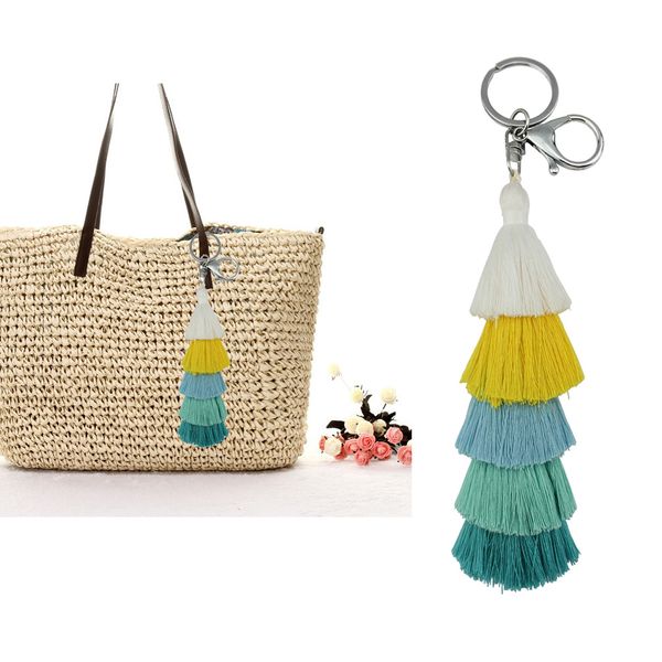 

colorful boho hula pom pom key chain bag accessories silver bag charm purse rainbow charm tassel keychain for women gift