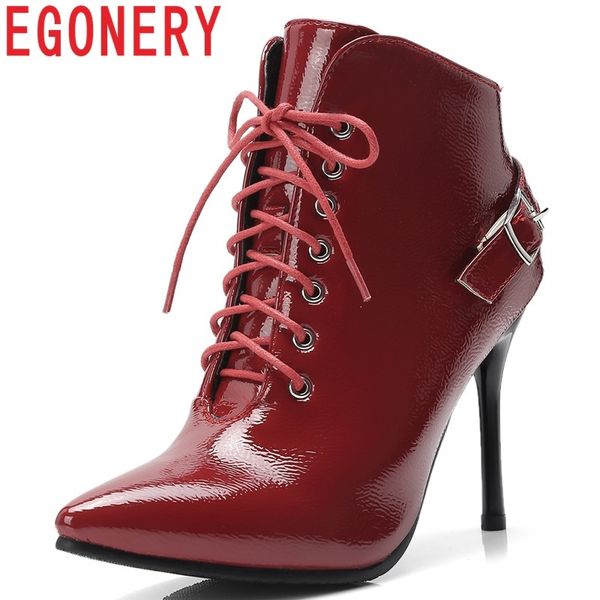 

egonery shoes women 2018 winter new fashion ankle boots cross-tied super high thin heels pointed toe patent leather work boots, Black