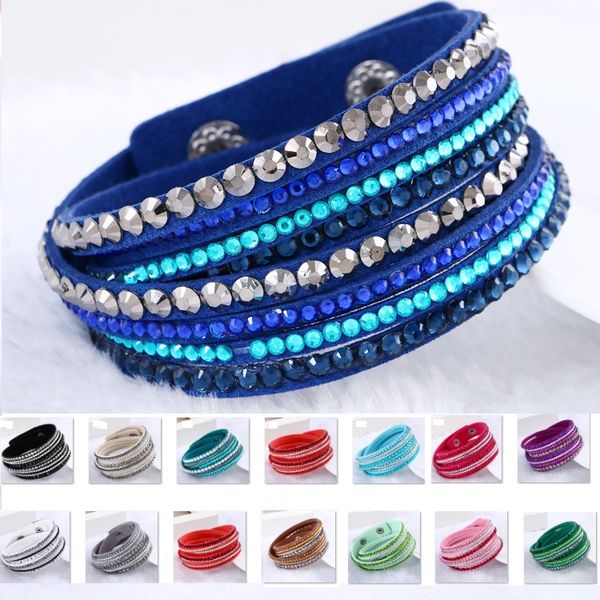 

new fashion multilayer wrap bracelets slake deluxe leather charm bangles with sparkling crystal women sandy beach fine jewelry gift, Golden;silver