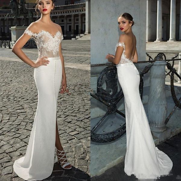 

2019 vintage satin off the shoulder mermaid wedding dresses front split backless lace appliqued bridal gowns custom made, White