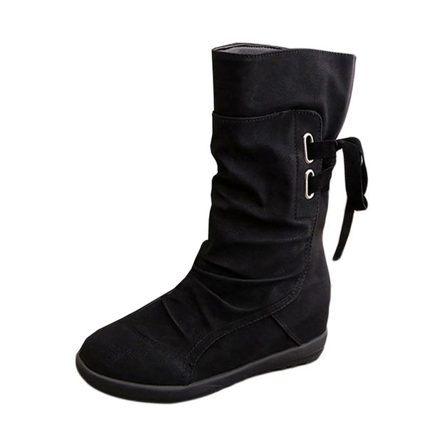 

women winter snow boots mid-calf solid wedges ladies height increasing shoes casual leather boot woman warm botas mujer, Black