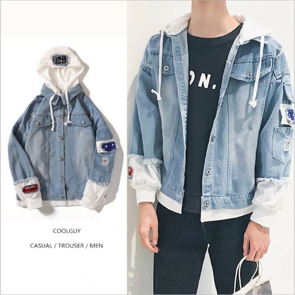 

denim jacket men hooded sportswear outdoors casual fashion jeans jackets hoodies cowboy mens jacket and coat streetwear style, Black;brown