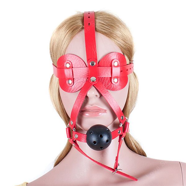 Imbracatura per la testa in pelle PU Bende per gli occhi sexy Bocca solida Ball Gag Giochi per adulti Schiava del sesso Bdsm Bondage Restrizioni Giocattoli del sesso per coppie