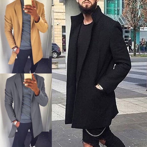 

2018 men wool trench coat windbreaker autumn winter warm lapel long coats cardigan fashion male solid slim jacket outwear 3xl, Tan;black