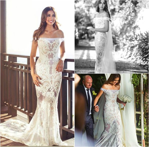 

2018 mermaid wedding dresses off the shoulder illusion lace applqiues sequins country vestido de noiva plus size bridal gowns, White