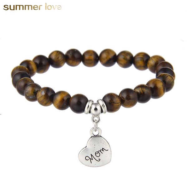 

8mm opal tiger eye agate beads natural stone beaded bracelet for women heart alloy mom charm elastic bracelet fashion jewelry wholesale, Black