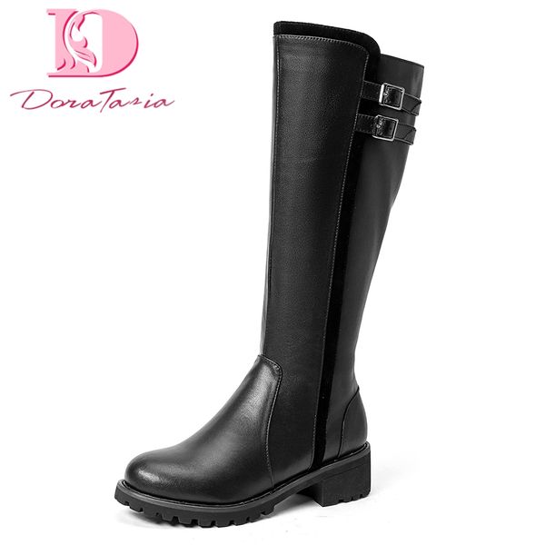 

doratasia 2018 cow leather large size 34-43 zip up spring autumn boots woman shoes square heels mid-calf boots shoes woman, Black