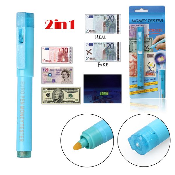 2 in 1 Penna detector monetario contraffazione Penna portatile Pennarello valuta Rilevatore di valuta Tester Pen Guadagna Checker UV