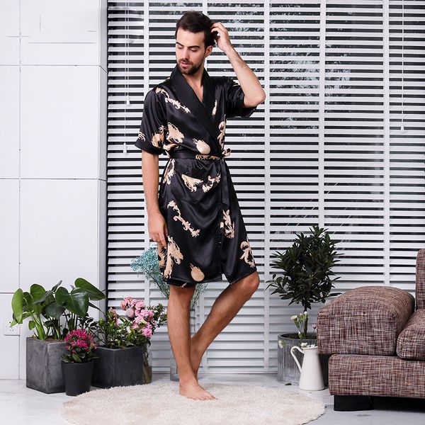

men silk robe set half sleeve comfortable china satin pajamas nightgowns man summer autumn kimono shorts set, Black;brown