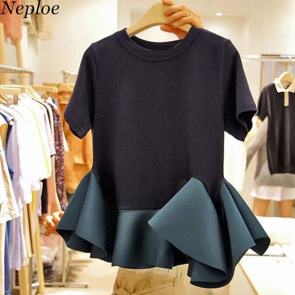 

neploe 2018 korean summer ruffles female t shirts short sleeve o-neck women new preppy style patchwork camisetas 67994, White