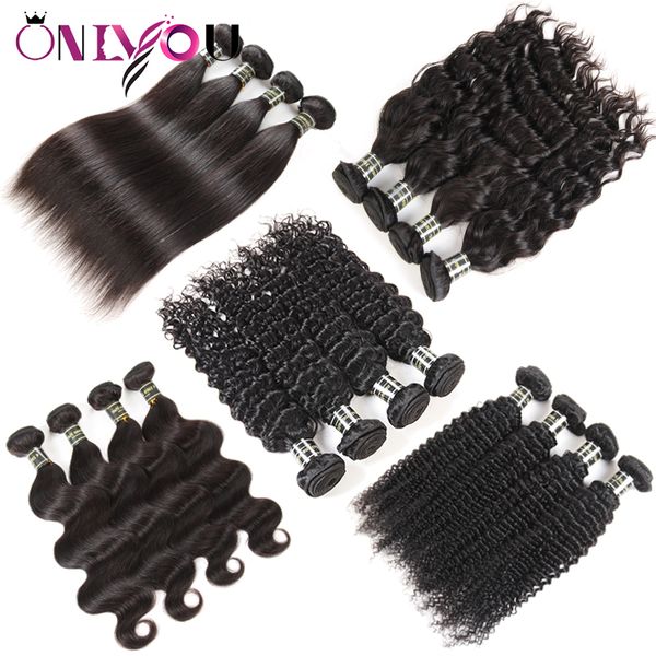 Extensões de cabelo humano de cabelo virgem brasileiro de grau 10A, 5 ou 6 feixes de cabelo liso, corpo, onda de água profunda, crespo, encaracolado, natural, preto