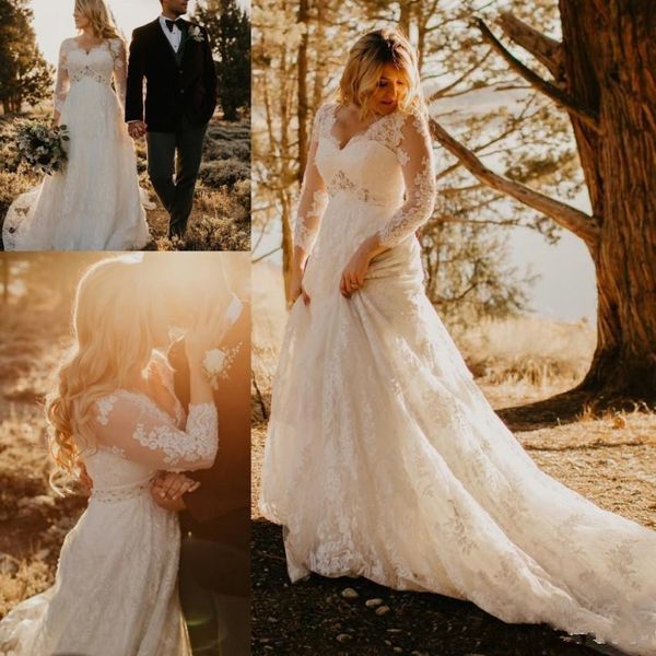 

2019 a line wedding dresses with beaded sash v neck long sleeves plus size wedding gowns, White