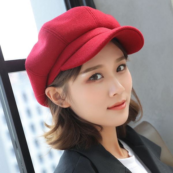 

internet celebrity english pure color woollen octagonal hat female autumn and winter new style cap casual caper young artist hat, Blue;gray
