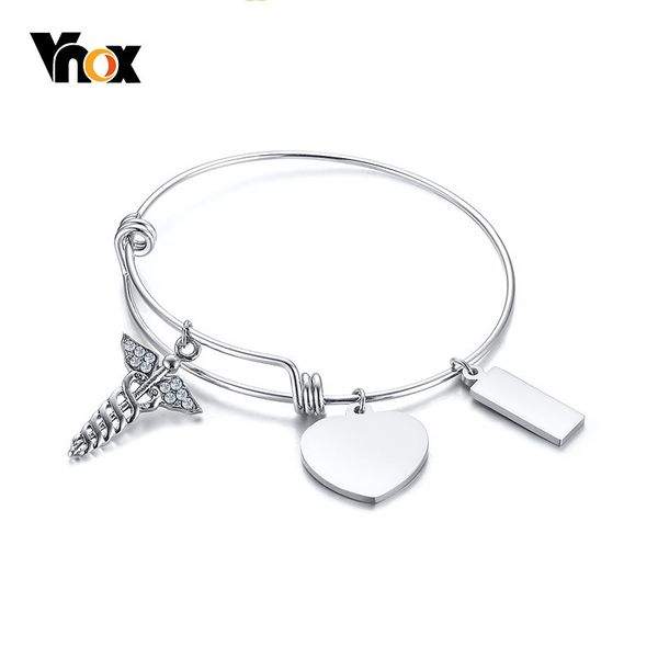 

vnox heart rectangle charm bracelets for women bangle expandable medical alert id stainless steel cz stones, Black