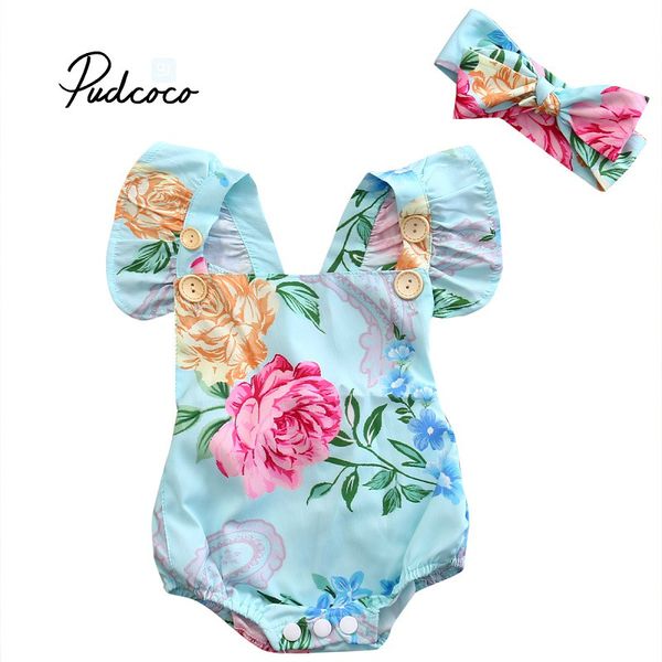 

2018 fashion baby girl romper newborn baby girl floral romper jumpsuit outfits sunsuit, Blue